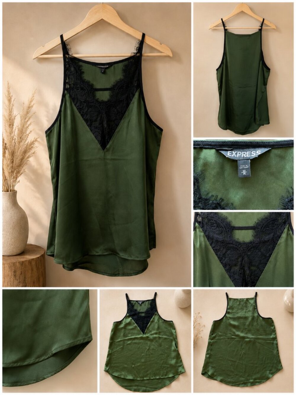 Express V-Neck Lace Tank Top - Size Medium - Green/Black